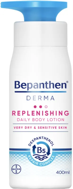 Bepanthen Derma Replenishing Daily Body Lotion 400ml لوشن مغذٍ يوفر ترطيباً مكثفاً ويعيد راحة البشرة الجافة جداً والحساسة.