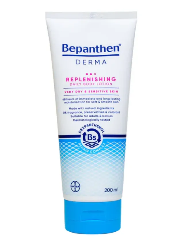 Bepanthen Derma Replenishing Daily Body Lotion 200ml لوشن مغذٍ يوفر ترطيباً مكثفاً ويعيد راحة البشرة الجافة جداً والحساسة.