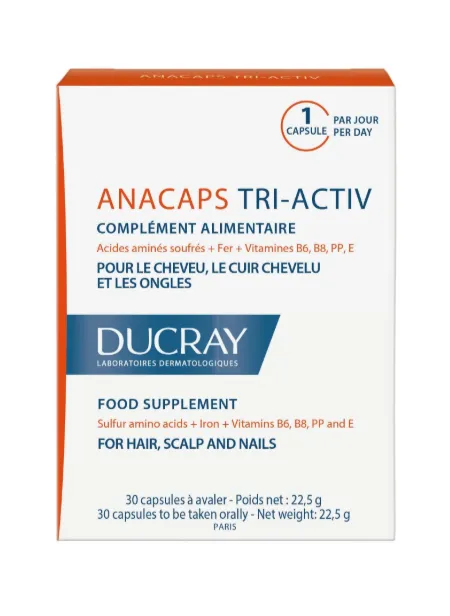 Ducray Anacaps Activ+ 30 Capsules || مكمل غذائي يحتوي على فيتامينات وعناصر غذائية تدعم صحة الشعر والأظافر.