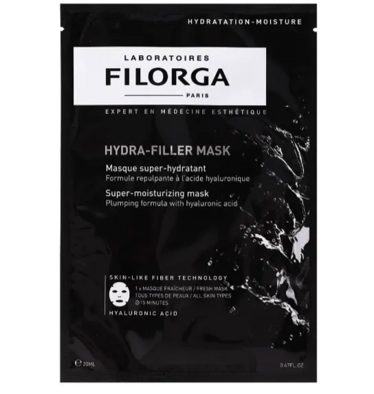 FILORGA Hydra-Filler Mask ×12 أقنعة ورقية مرطبة تحتوي على حمض الهيالورونيك لتعزيز الترطيب واستعادة نضارة البشرة.