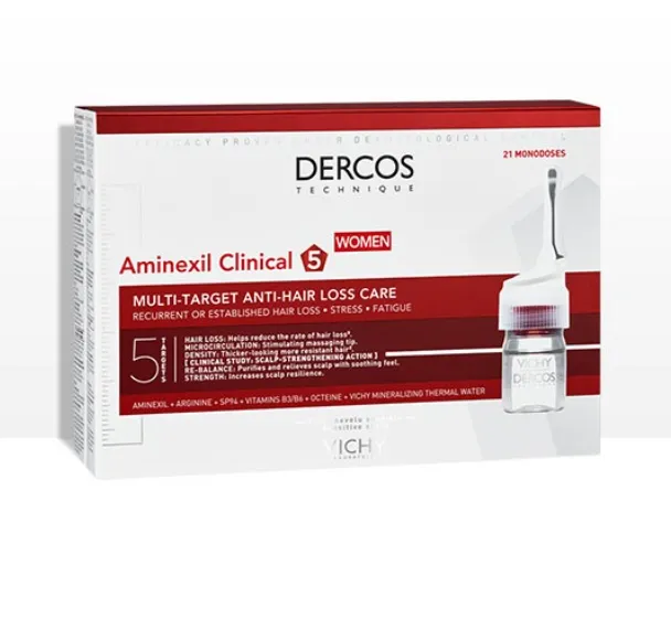 Vichy Dercos Hair Loss AMINEXIL CLINICAL 5 WOMEN (6ml × 21 Ampoules) علاج مكثف لتساقط الشعر لدى النساء يساعد على تقوية الشعر من الجذور حتى الأطراف.