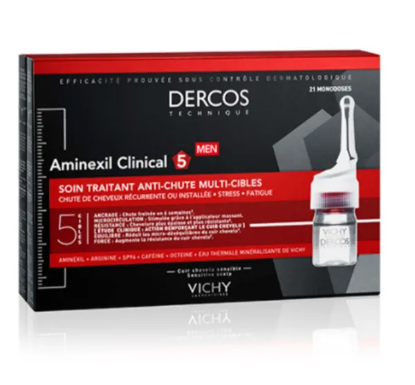 Vichy Dercos Hair Loss AMINEXIL CLINICAL 5 MEN (6ml × 21 Ampoules) علاج مخصص للرجال لمكافحة تساقط الشعر وتحسين قوة وكثافة الشعر.