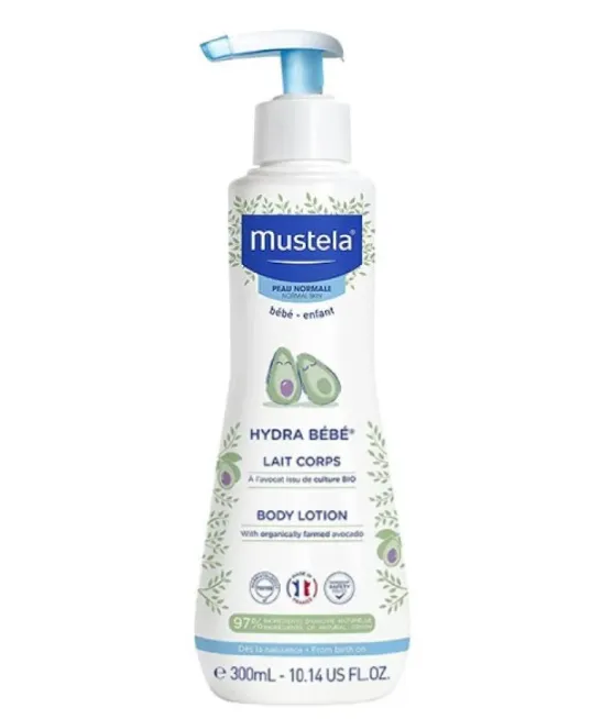 MUSTELA HYDRA BEBE BODY LOTION (300ml) لوشن مرطب يومي لبشرة الأطفال، يساعد على الحفاظ على نعومة وترطيب البشرة منذ الولادة.