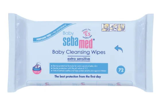 SEBAMED BABY CLEANSING WIPES WITHOUT PERFUME (72 PCS) مناديل مبللة للأطفال خالية من العطور لتنظيف البشرة الحساسة بلطف.