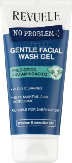 REVUELE NO PROBLEM GENTLE FACIAL WASH GEL PREBIOTICS & AMINO ACIDS (200ml) جل غسول لطيف للوجه يحتوي على البريبايوتكس والأحماض الأمينية لتنظيف البشرة الحساسة دون تجفيفها.