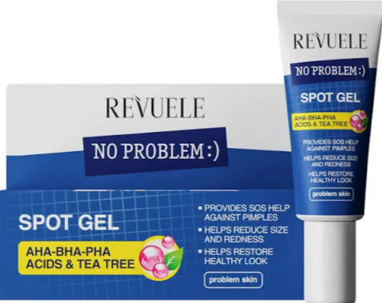 REVUELE NO PROBLEM SPOT GEL AHA-BHA-PHA ACIDS & TEA TREE (25ml) جل موضعي للحبوب يحتوي على أحماض AHA وBHA وPHA مع زيت شجرة الشاي.