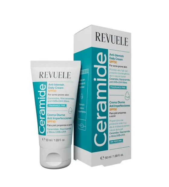 REVUELE CERAMIDE ANTI-BLEMISH DAILY CREAM SPF50 (50ml) كريم يومي مع حماية SPF50 للبشرة المعرضة للحبوب، يوفر ترطيباً وحماية من أشعة الشمس.