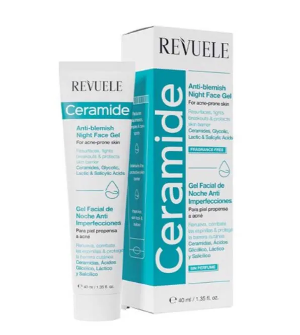 REVUELE CERAMIDE ANTI-BLEMISH NIGHT FACE GEL (50ml) جل ليلي للبشرة المعرضة للحبوب يساعد على تهدئة البشرة والعناية بها أثناء النوم.