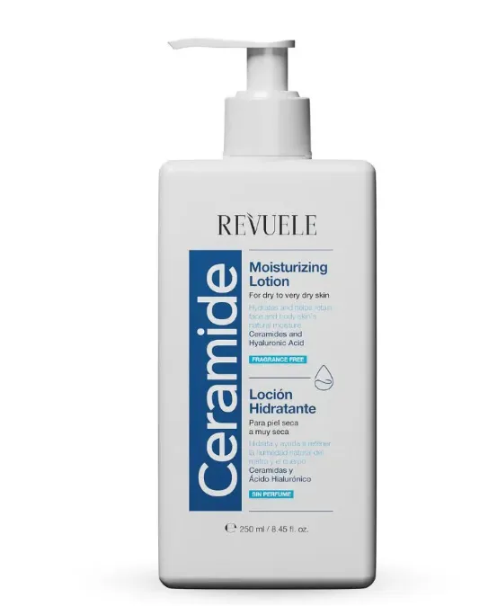 REVUELE CERAMIDE MOISTURIZING LOTION (250ml) لوشن مرطب غني بالسيراميد والهيالورونيك أسيد يساعد على ترطيب البشرة الجافة والحفاظ على نعومتها.