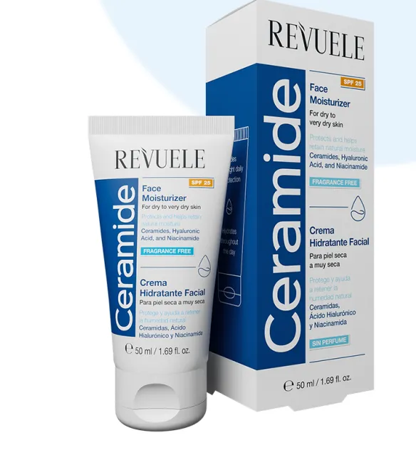 REVUELE CERAMIDE FACE CREAM SPF25 (50ml) كريم وجه مرطب مع حماية SPF25 يحتوي على السيراميد والهيالورونيك أسيد والنياسيناميد.
