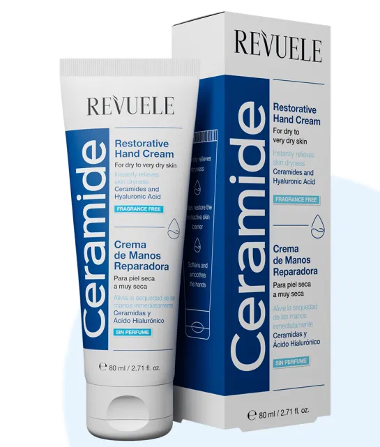 REVUELE CERAMIDE RESTORATIVE HAND CREAM (80ml) كريم مرطب لليدين غني بالسيراميد والهيالورونيك أسيد يساعد على إصلاح البشرة الجافة والمتشققة.