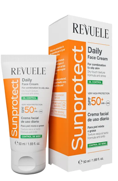 REVUELE SUNPROTECT DAILY FACE CREAM OIL CONTROL SPF50+ (50ml) واقي شمس يومي للبشرة الدهنية والمختلطة يوفر حماية عالية مع التحكم باللمعان والدهون.
