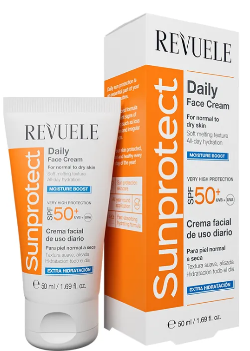 REVUELE SUNPROTECT DAILY FACE CREAM MOISTURE BOOST SPF50+ (50ml) واقي شمس مرطب للبشرة العادية والجافة يوفر حماية عالية مع ترطيب يدوم طوال اليوم.