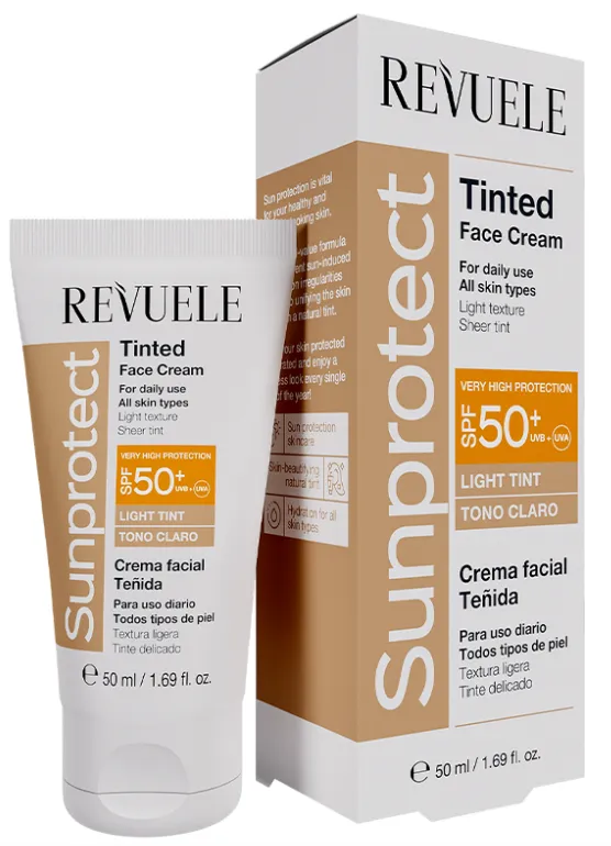 REVUELE TINTED DAILY SUN BARRIER UVA + UVB SPF50+ (50ml) واقي شمس ملون يوفر حماية عالية مع تغطية خفيفة لتوحيد لون البشرة.