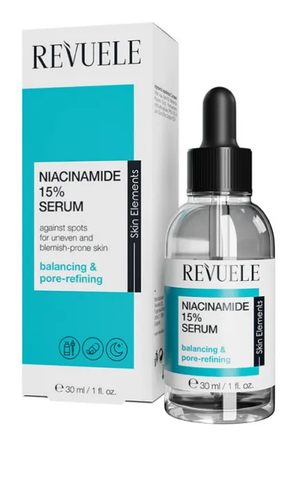 REVUELE NIACINAMIDE 15% SERUM (30ml) سيروم مركز يحتوي على 15% نياسيناميد للمساعدة على تنقية البشرة وتوحيد مظهرها.