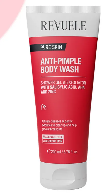 REVUELE ANTI-PIMPLE BODY WASH (200ml) جل استحمام للجسم مخصص للبشرة المعرضة للحبوب في مناطق الجسم المختلفة.