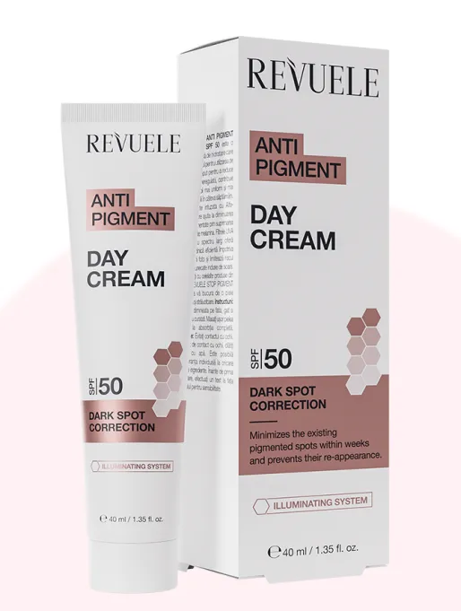REVUELE ANTI PIGMENT DAY CREAM SPF50 (40ml) كريم نهاري لتصحيح البقع الداكنة والتصبغات مع حماية عالية من أشعة الشمس SPF50.