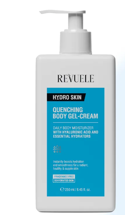 REVUELE HYDRO SKIN QUENCHING BODY GEL-CREAM (250ml) جل كريم مرطب للجسم بالهيالورونيك أسيد والسيراميد يساعد على ترطيب البشرة الجافة ومنحها نعومة تدوم طويلاً.