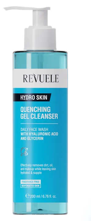REVUELE HYDRO SKIN QUENCHING GEL CLEANSER (200ml) غسول جل مرطب بالهيالورونيك أسيد والجلسرين ينظف البشرة بلطف ويحافظ على رطوبتها.