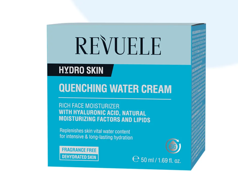 REVUELE HYDRO SKIN QUENCHING WATER CREAM (50ml) كريم مرطب غني بالهيالورونيك أسيد والسيراميد يمنح البشرة ترطيباً عميقاً ويدعم حاجزها الطبيعي.