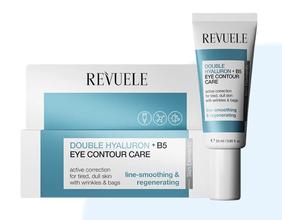 REVUELE DOUBLE HYALURON + B5 EYE CONTOUR CARE (25ml) كريم لمحيط العين يحتوي على نوعين من حمض الهيالورونيك وفيتامين B5 لترطيب المنطقة الحساسة حول العين وتقليل علامات التعب.