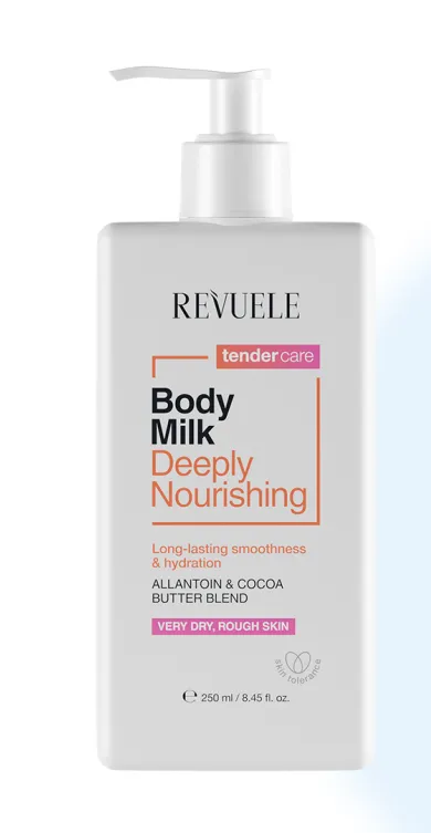 REVUELE BODY MILK DEEPLY NOURISHING (250ml) حليب مرطب ومغذٍ للجسم للبشرة الجافة جداً، غني بزبدة الكاكاو والألانتوين.