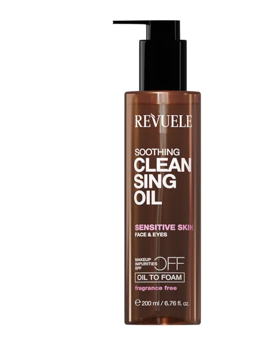 REVUELE SOOTHING CLEANSING OIL TO FOAM (200ml) غسول زيتي يتحول إلى رغوة للبشرة الحساسة، يساعد على إزالة المكياج وواقي الشمس والشوائب بلطف.