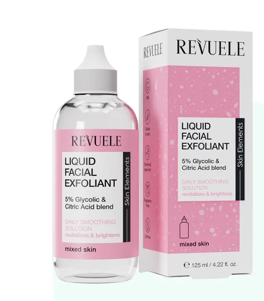 REVUELE LIQUID FACIAL EXFOLIANT 5% GLYCOLIC + CITRIC ACID BLEND (125ml) محلول مقشر يحتوي على حمض الجليكوليك وحمض الستريك للمساعدة على تنعيم البشرة وتحسين إشراقتها.