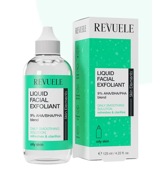 REVUELE LIQUID FACIAL EXFOLIANT 9% AHA/BHA/PHA BLEND (125ml) محلول مقشر متعدد الأحماض للبشرة الدهنية والمعرضة للشوائب.