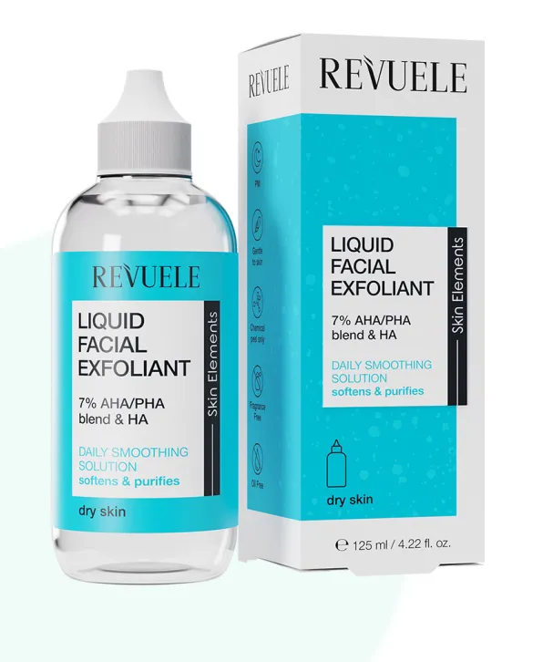 REVUELE LIQUID FACIAL EXFOLIANT 7% AHA/PHA BLEND + HA (125ml) محلول مقشر للبشرة الجافة يحتوي على أحماض AHA وPHA مع حمض الهيالورونيك للترطيب.