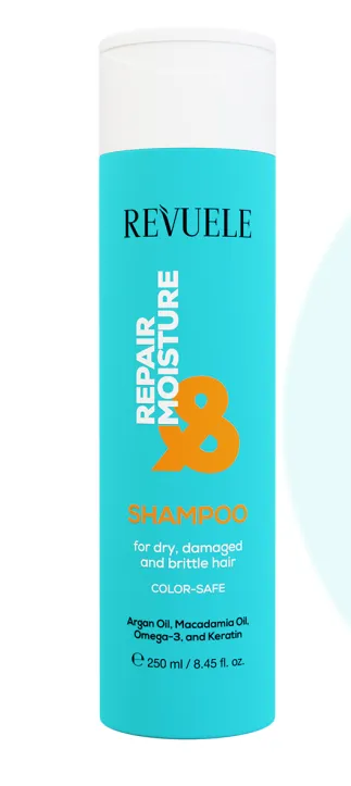 REVUELE REPAIR & MOISTURE SHAMPOO (250ml) شامبو للشعر الجاف والتالف يساعد على تنظيف الشعر بلطف مع الحفاظ على لونه وتغذيته.