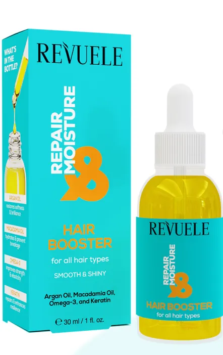 REVUELE REPAIR & MOISTURE BOOSTER SERUM (30ml) سيروم مغذٍ للشعر يساعد على إصلاح الشعر التالف وتحسين نعومته ولمعانه.