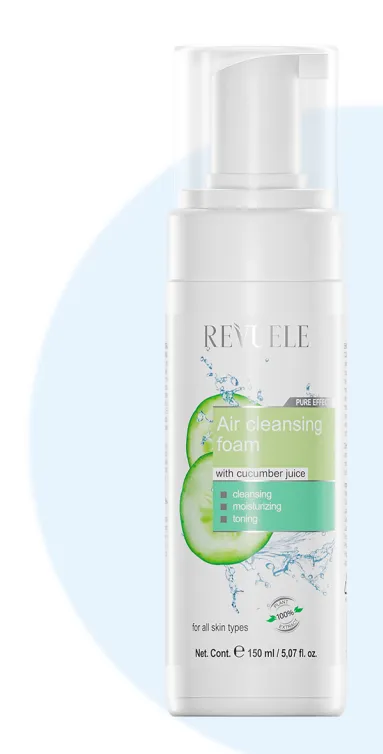 REVUELE CLEANSING FOAM AIR WITH CUCUMBER JUICE (150ml) غسول رغوي يومي بخلاصة الخيار يساعد على تنظيف البشرة بلطف وإنعاشها.