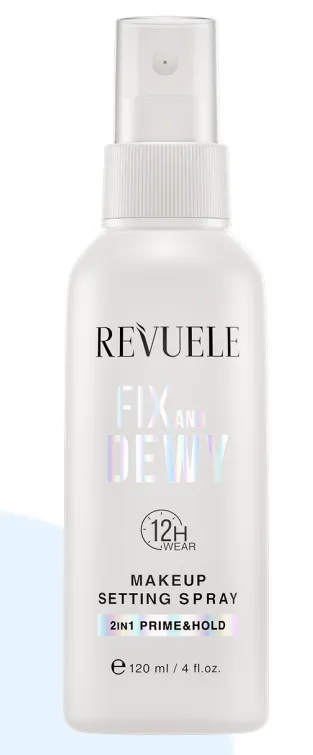 REVUELE MAKEUP SETTING SPRAY FIX AND DEWY (120ml) بخاخ مثبت مكياج بلمسة مضيئة يمنح البشرة إشراقة طبيعية مع تثبيت المكياج.