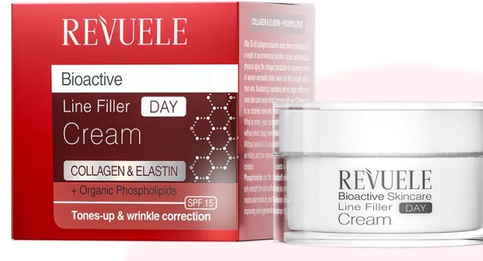 REVUELE BIOACTIVE COLLAGEN & ELASTIN TIGHTENING DAY CREAM SPF15 (50ml) كريم نهاري بالكولاجين والإيلاستين يساعد على شد البشرة وتحسين مرونتها مع حماية SPF15.