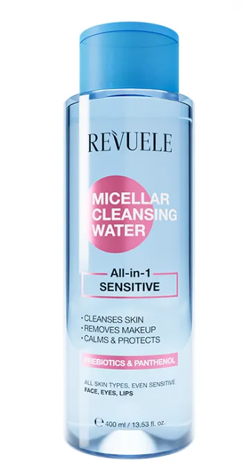 REVUELE MICELLAR CLEANSING WATER SENSITIVE (400ml) ماء ميسيلار للبشرة الحساسة يحتوي على البانثينول والألوفيرا لتنظيف لطيف وتهدئة البشرة.