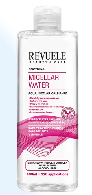 REVUELE MICELLAR WATER FOR DRY & SENSITIVE SKIN (400ml) ماء ميسيلار للبشرة الجافة والحساسة يساعد على تنظيف البشرة مع الحفاظ على راحتها وترطيبها.