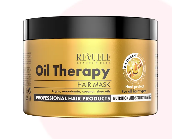REVUELE PROFESSIONAL HAIR PRODUCTS OIL THERAPY HAIR MASK (500ml) ماسك علاجي غني بزيت الأركان والماكاديميا وجوز الهند لإصلاح الشعر الجاف والتالف وتغذيته بعمق.