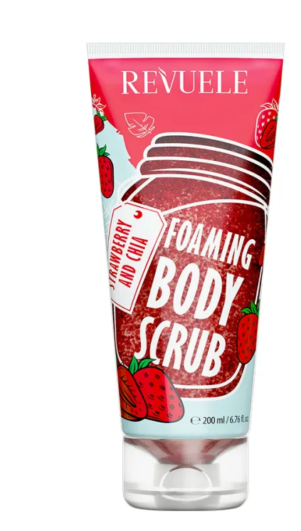 REVUELE FOAMING BODY SCRUB STRAWBERRY & SHEA BUTTER (200ml) مقشر رغوي للجسم بالفراولة وزبدة الشيا يساعد على إزالة خلايا الجلد الميتة ويترك البشرة ناعمة ومنتعشة.