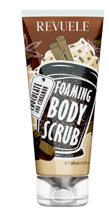 REVUELE FOAMING BODY SCRUB CHOCOLATE & CINNAMON (200ml) مقشر رغوي للجسم بالشوكولاتة والقرفة يساعد على تنظيف البشرة وتقشيرها بلطف.