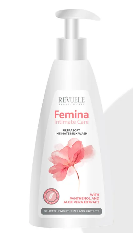 REVUELE FEMINA INTIMATE CARE WITH ALOE VERA EXTRACT (250ml) جل غسول نسائي للمناطق الحساسة بخلاصة الألوفيرا، يساعد على التنظيف اللطيف ويمنح إحساساً بالانتعاش والراحة.