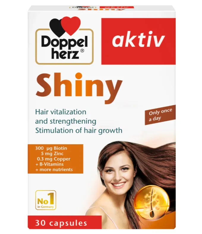 Doppelherz aktiv Shiny مكمل غذائي مخصص لتغذية الشعر وتقويته وتقليل التساقط.