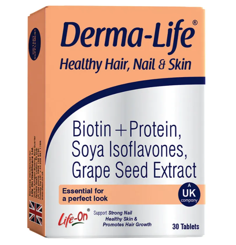 Derma-Life Healthy Hair, Nail & Skin مكمل غذائي يحتوي على البيوتين والبروتين ومستخلص بذور العنب لدعم الشعر والبشرة والأظافر.