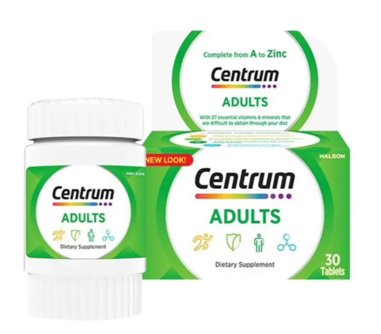Centrum Adults مكمل غذائي متكامل للبالغين يحتوي على الفيتامينات والمعادن الأساسية.