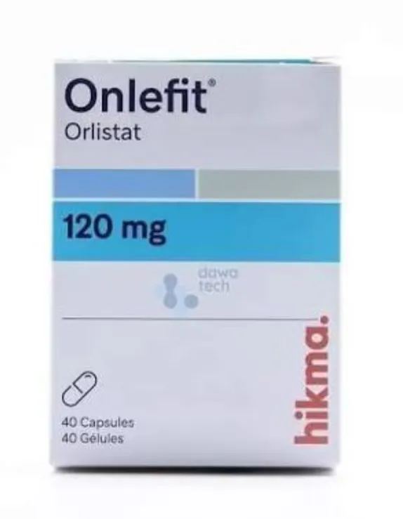 Onlefit Orlistat 120 mg دواء يحتوي على أورليستات للمساعدة في خسارة الوزن مع نظام غذائي منخفض الدهون.
