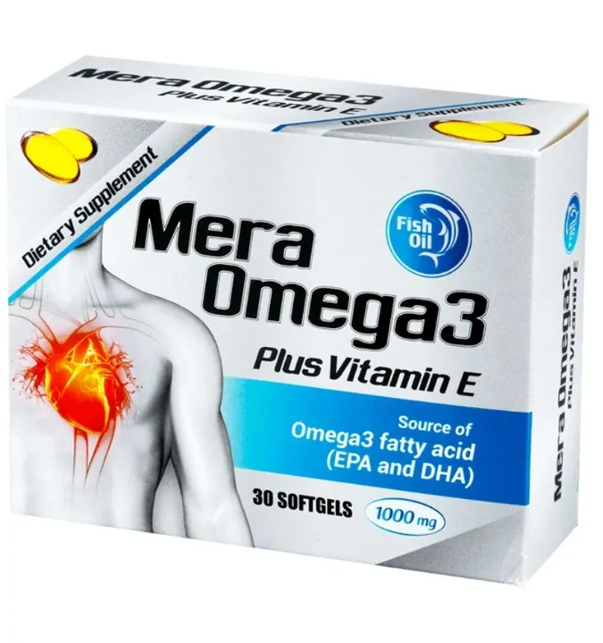 Mera Omega-3 Plus Vitamin E مكمل غذائي يحتوي على أوميغا 3 مع فيتامين E.