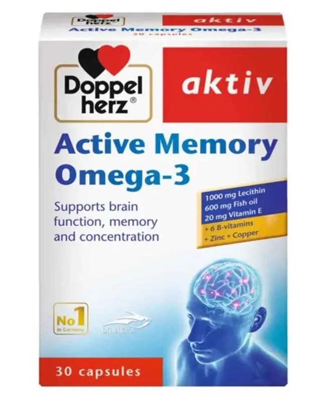 Doppelherz Active Memory Omega-3 مكمل غذائي لدعم الذاكرة والتركيز.