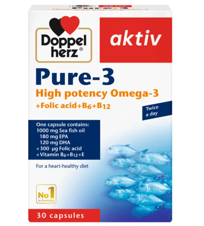 Doppelherz Pure-3 Omega-3 مكمل غذائي يحتوي على أوميغا 3 مع حمض الفوليك وفيتامينات B.