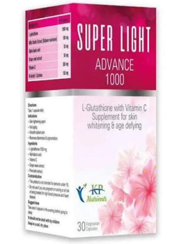 Super Light Advance 1000 مكمل غذائي يحتوي على الجلوتاثيون، فيتامين C، وكولاجين Verisol لدعم صحة البشرة.