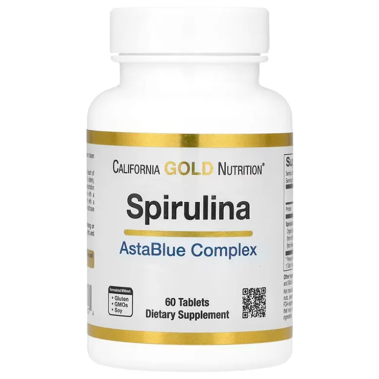 California Gold Nutrition Spirulina AstaBlue Complex مكمل غذائي يجمع بين السبيرولينا والأستازانثين لدعم الصحة العامة.